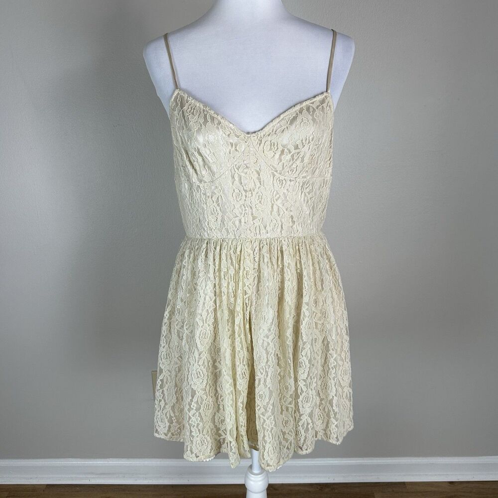 anthropologie Pins and Needles mesh lace lined dress Sz Large Ivory Romantic